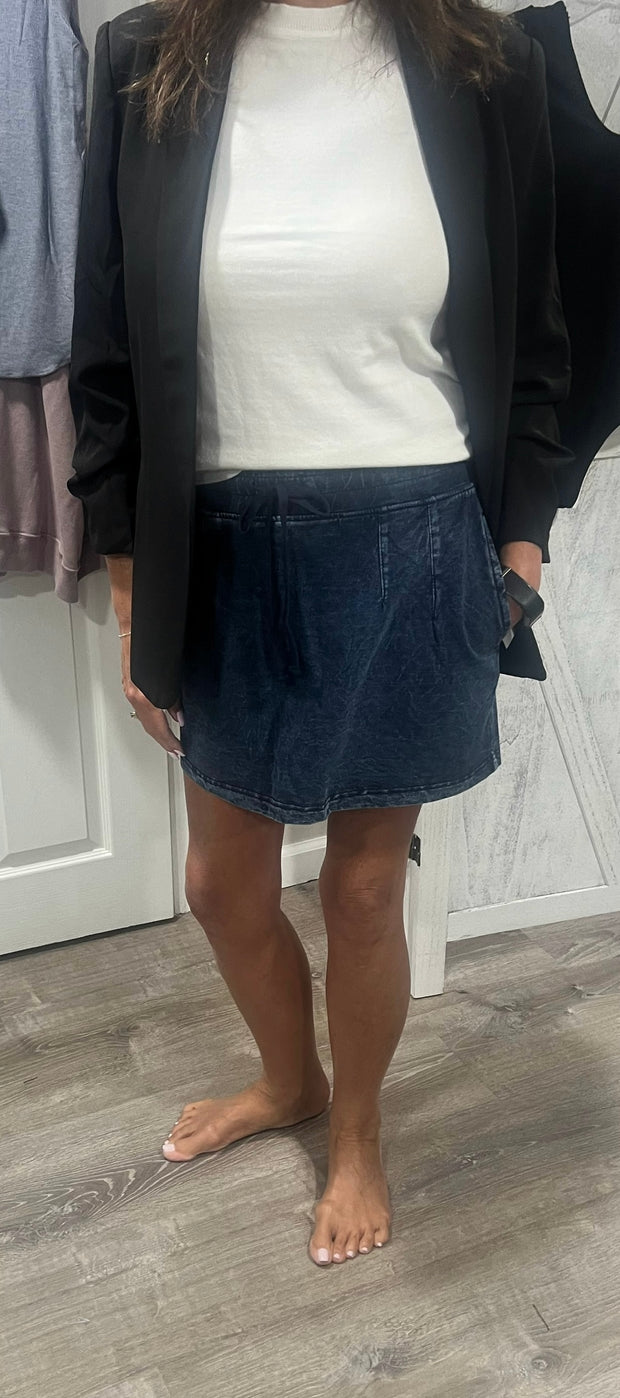 Denim Blue Cotton Blend Mini Skort