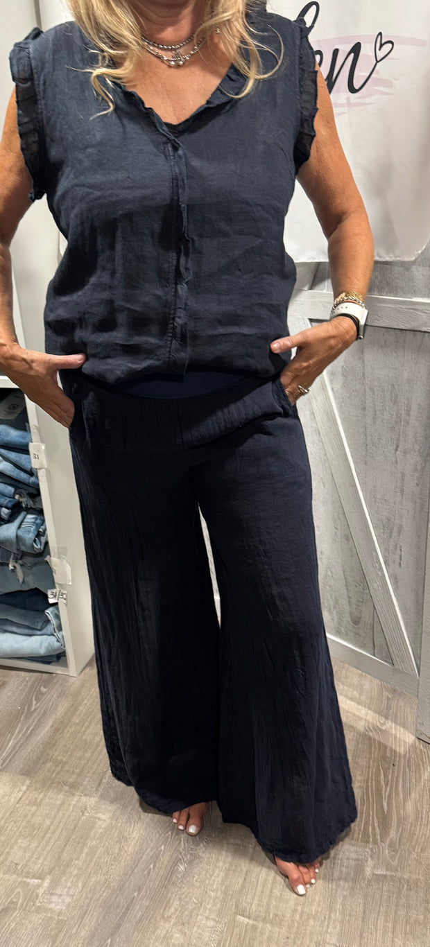 Milio Milano Navy Ruffle Edge Detail Linen Top With Matching Fold Over Palazzo Pants-SET!