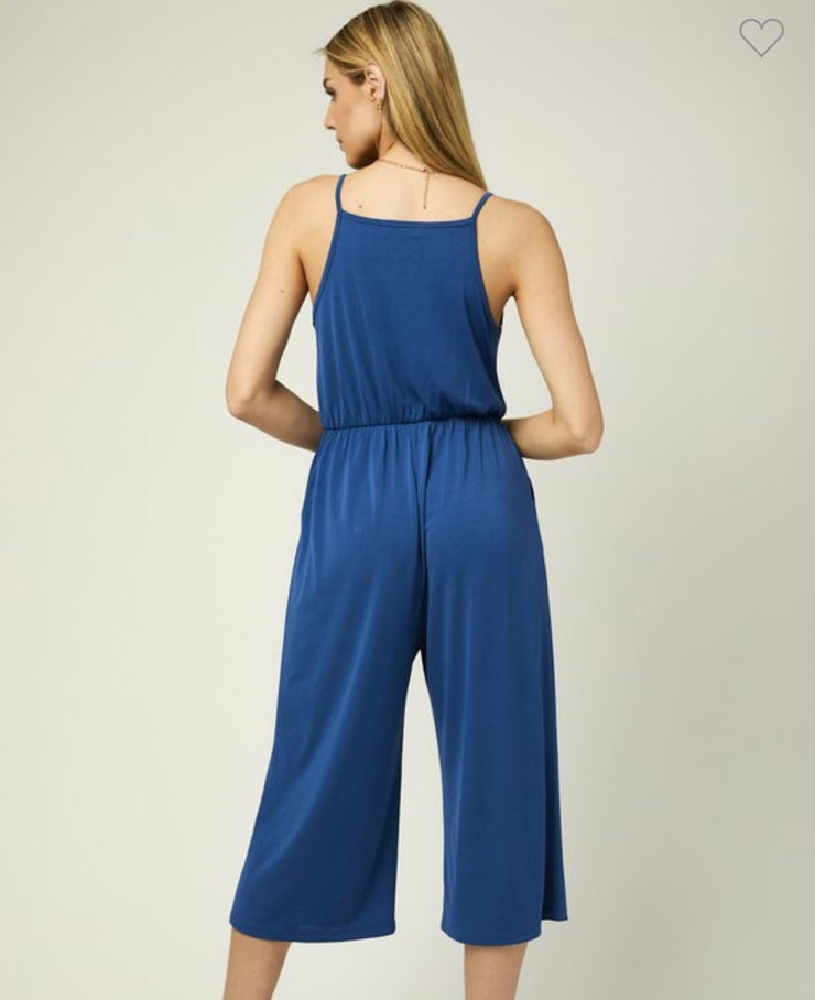 Blue Cropped Jumpsuit With Surplice & Self Tie