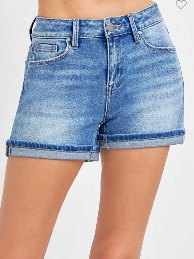 Med Wash Mid Rise Turn Up Cuff (or Not) Shorts- Also Available in Dark Wash