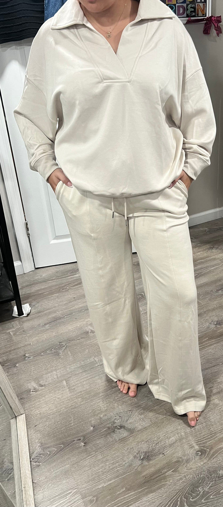 Ecru Buttery Soft V Neck Top With Wide Leg Pant Loungewear Set