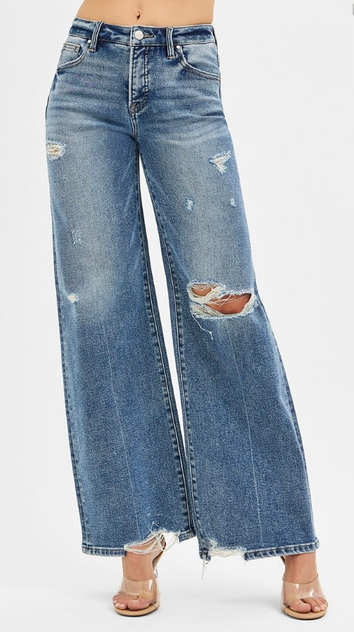 Mid Rise Wide Leg Tummy Control Jeans With Distressing