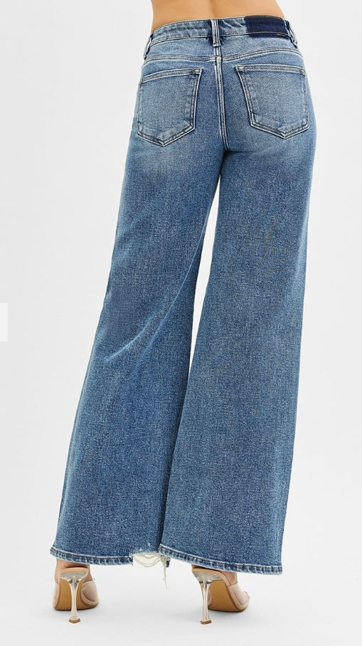 Mid Rise Wide Leg Tummy Control Jeans With Distressing