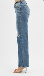 Mid Rise Wide Leg Tummy Control Jeans With Distressing