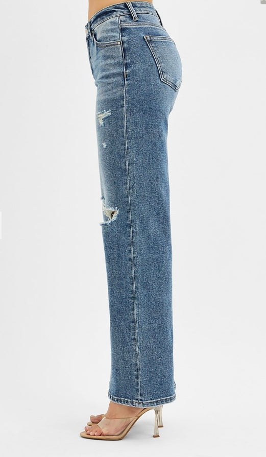 Mid Rise Wide Leg Tummy Control Jeans With Distressing