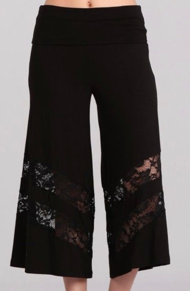 Black Buttery Soft Black Wide Leg Gaucho Pant With Lace Insert & Foldover Waistband