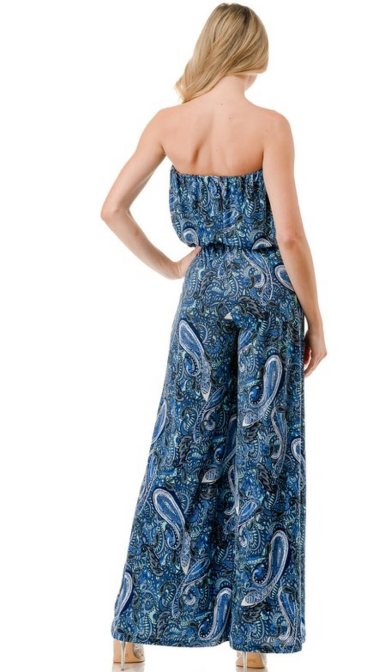 Blue Paisley Strapless Wide Leg Jumpsuit With Belt