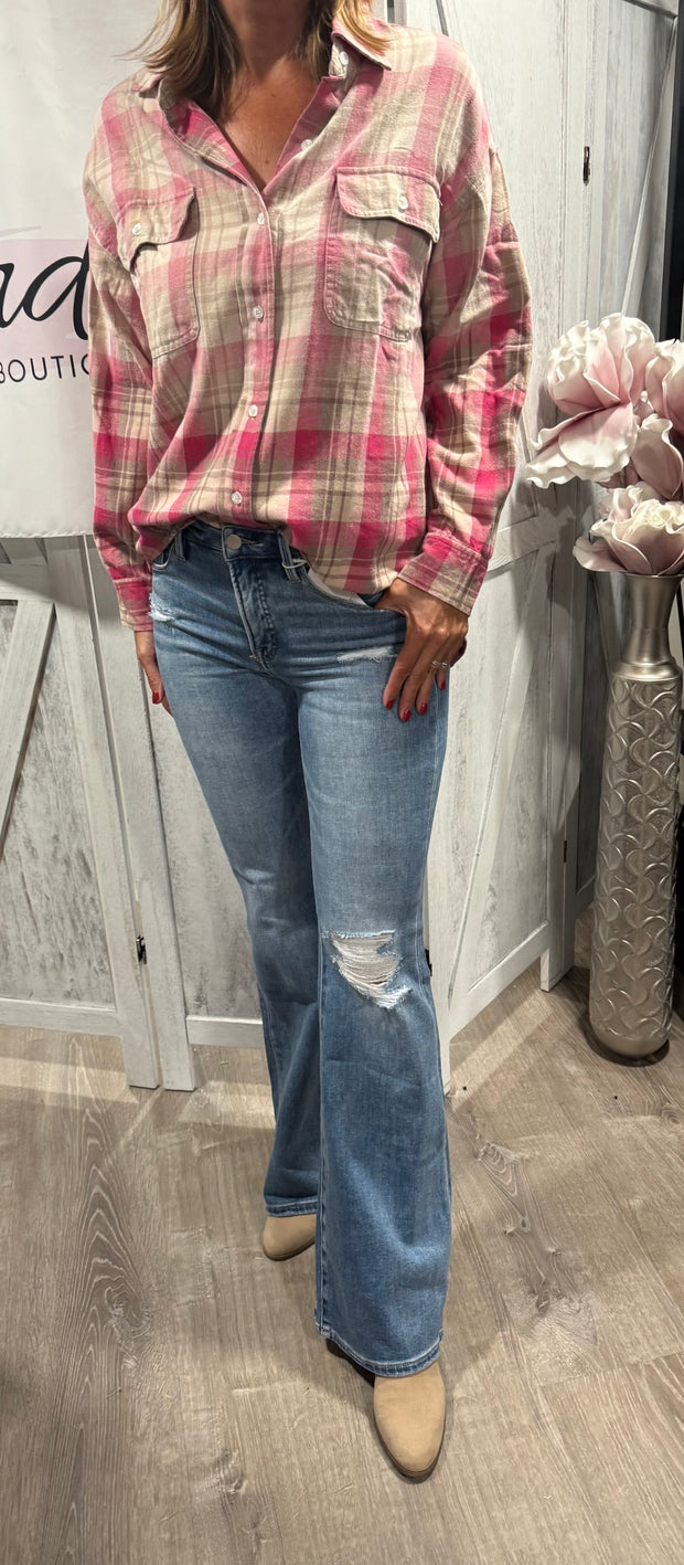 Ombre Long Sleeve Plaid Knit Top