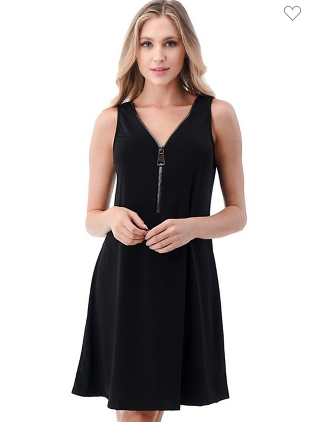 Black Big Zipper Sleeveless Tank Dress- Also Available in Blue Paisley