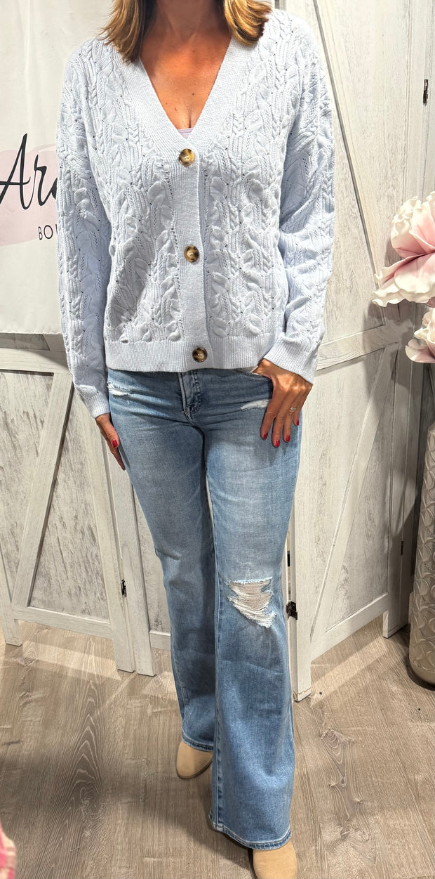 Light Blue V Neck Cable Knit Cardigan Top