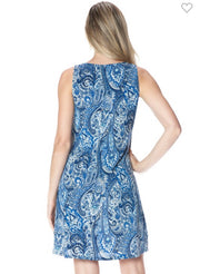 Blue Paisley Print Sleeveless A -Line Zipper Dress- Available in Black Too