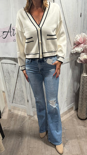 Cream Solid V Neck Button Up Sweater With Black Contrast Detail