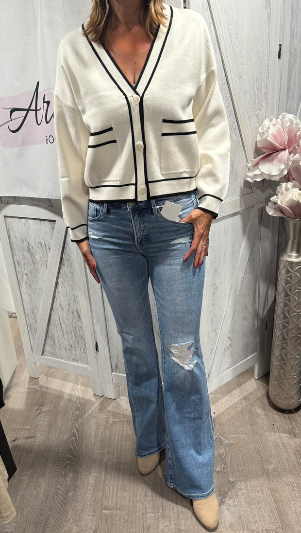Cream Solid V Neck Button Up Sweater With Black Contrast Detail