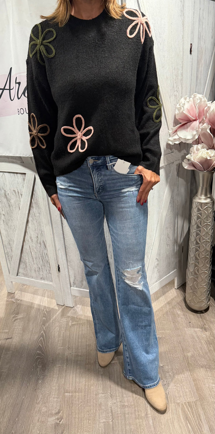 Black Crew Neck Sweater With Muliti Color Floral Embellishment