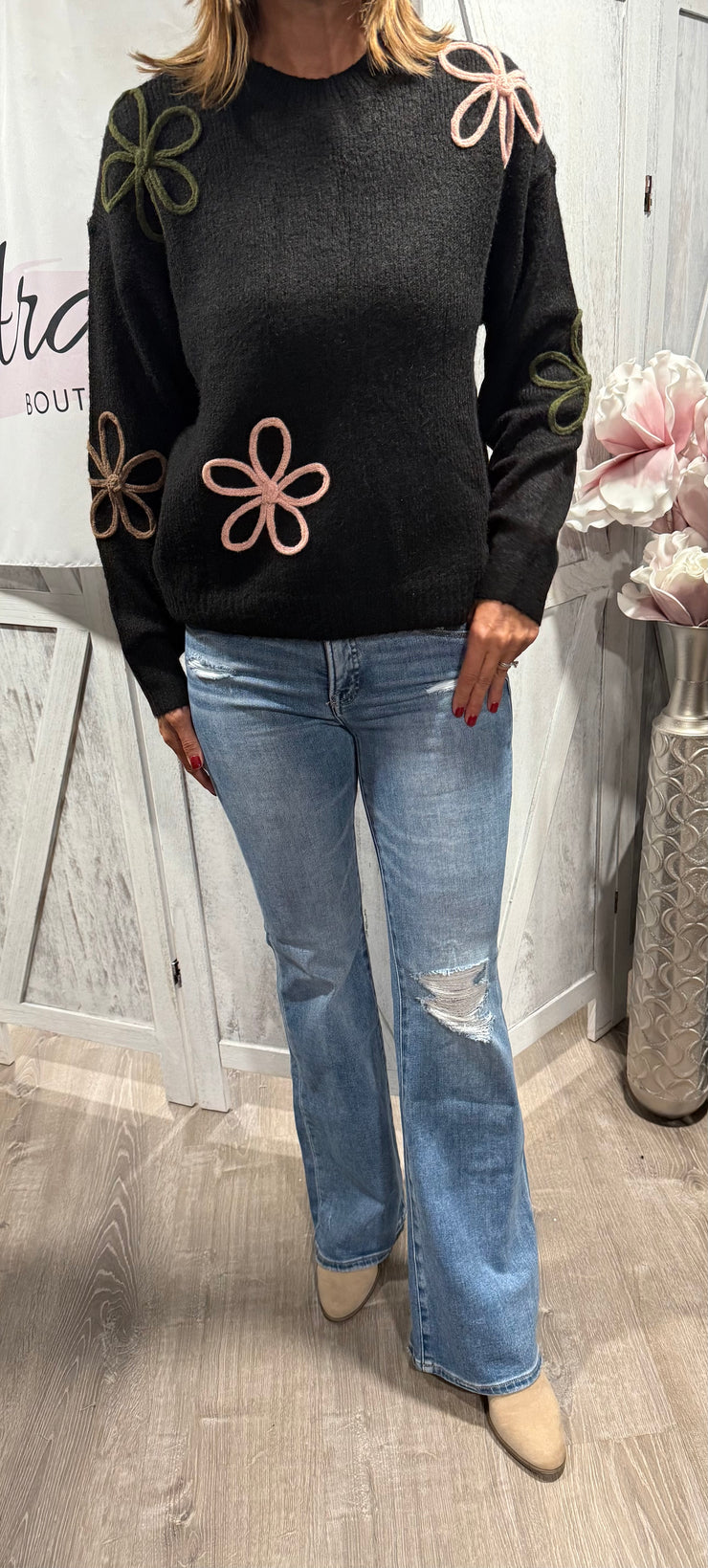 Black Crew Neck Sweater With Muliti Color Floral Embellishment