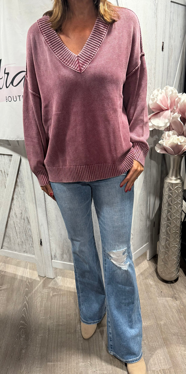 Burgundy Washed V Neck Oversized Knit Sweater