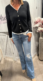 Black V Neck Button Down Woven Top