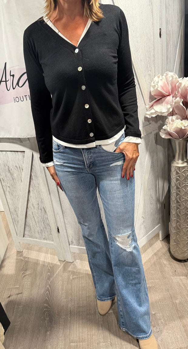 Black V Neck Button Down Woven Top