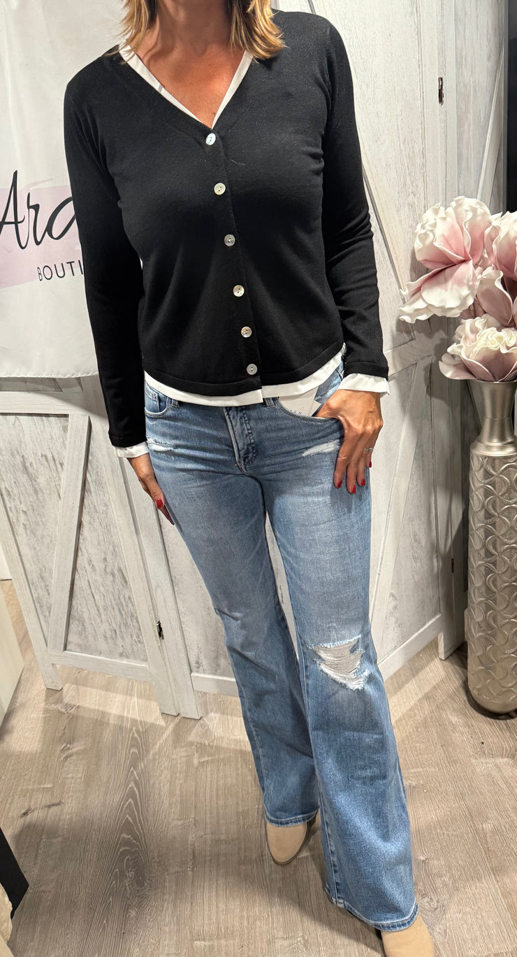 Black V Neck Button Down Woven Top