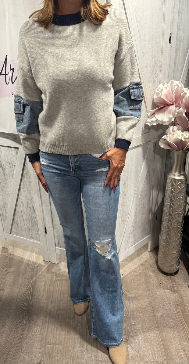 Light Grey Sweater With Denim Pocket Detail