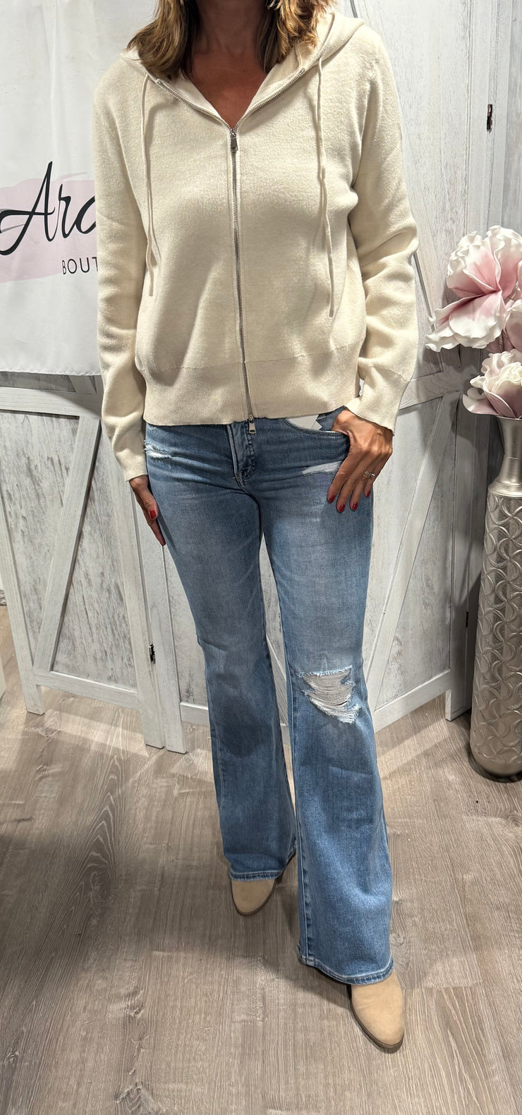 Ivory Soft Zip Up Hoodie Cardigan