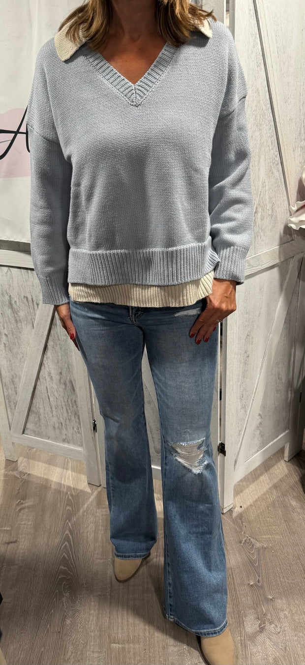 Light Blue V Neck Sweater With Beige Sweater Faux Trim