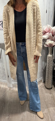 Beige Cable Knit Long Cardigan