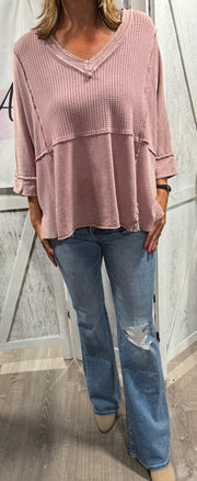 Mineral Washed V Neck Waffle Detail Top- Available in Pink & Mauve