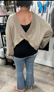 Taupe Grey Oversize V Cut Rib Band Sweatshirt