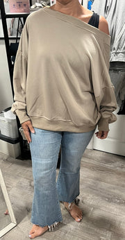 Taupe Grey Oversize V Cut Rib Band Sweatshirt