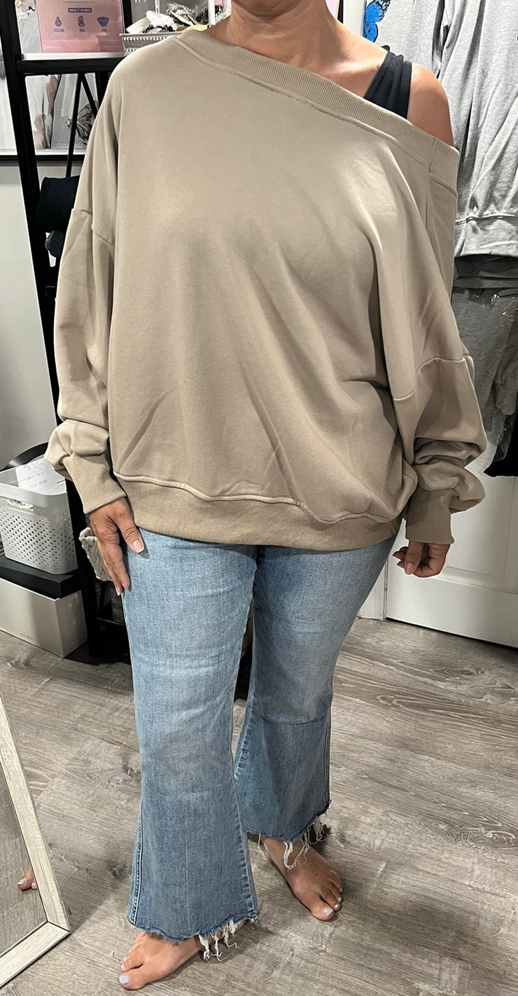 Taupe Grey Oversize V Cut Rib Band Sweatshirt