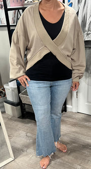 Taupe Grey Oversize V Cut Rib Band Sweatshirt