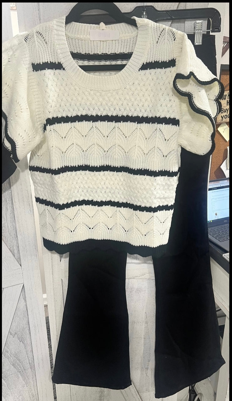 Ivory/Black Butterfly Sleeve Pointelle Striped Sweater