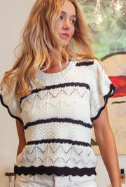 Ivory/Black Butterfly Sleeve Pointelle Striped Sweater