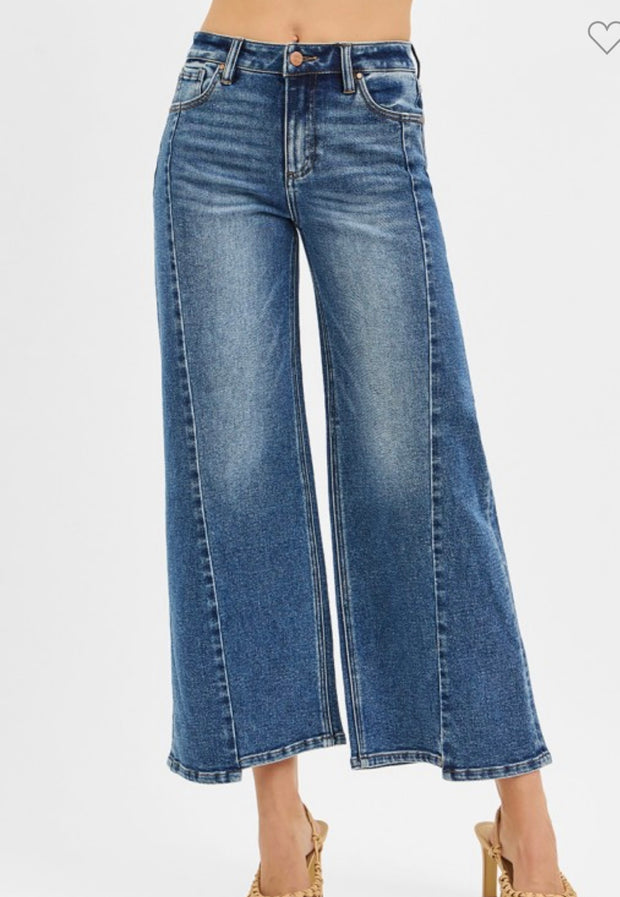 Dark Crop Wide Leg Jeans With Front & Back Sort Step Hem