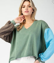 Sage Mineral Washed Color Block Long Sleeve Top