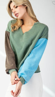 Sage Mineral Washed Color Block Long Sleeve Top