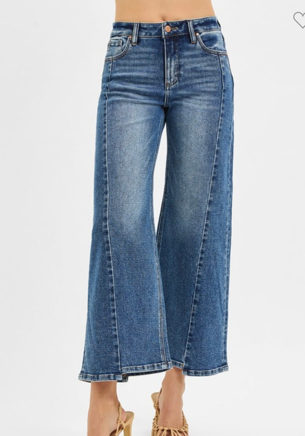Dark Crop Wide Leg Jeans With Front & Back Sort Step Hem