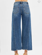 Dark Crop Wide Leg Jeans With Front & Back Sort Step Hem
