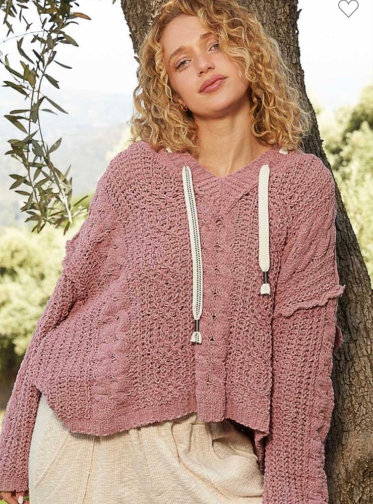 Mauve Soft Cable Knit Chenille Hoodie Sweater- Also available in Off White & Navy