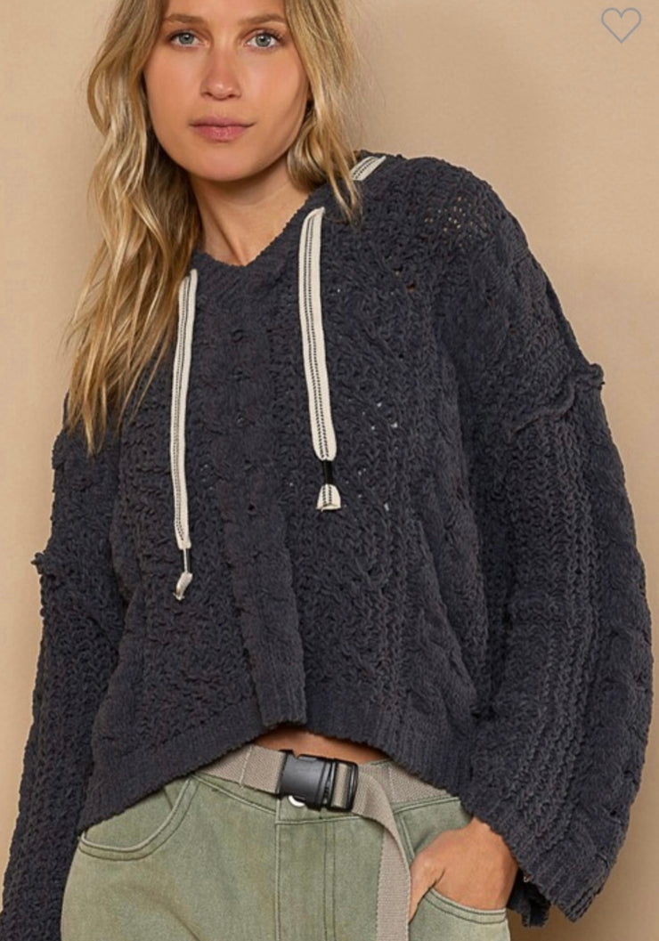 Navy Soft Cable Knit Chenille Hoodie Sweater- Also available in Off White & Mauve