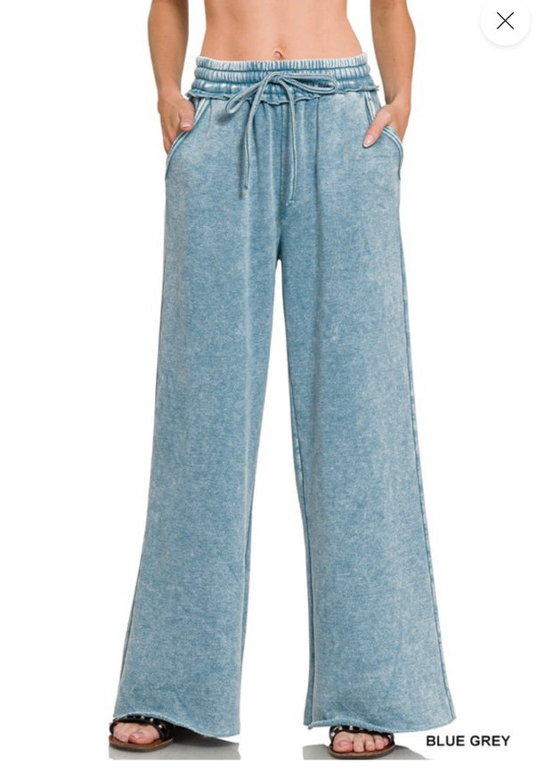 Acid Wash Fleece Palazzo Sweatpants With Pockets