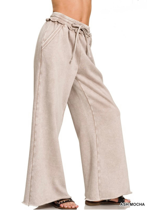Acid Wash Fleece Palazzo Sweatpants With Pockets