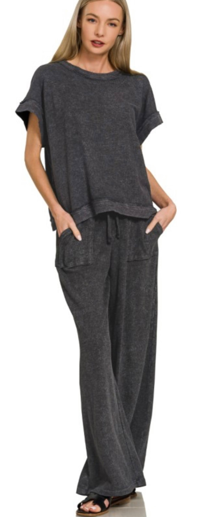 Black Washed Slub Short Sleeve Tee & Long Pant Set- Also available in Sleet