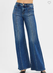 Dark Mid Rise Wide Leg Jeans With Front Patch Pocket & Center Seam