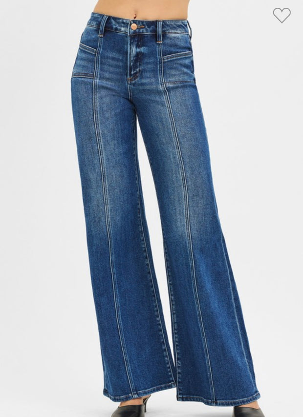 Dark Mid Rise Wide Leg Jeans With Front Patch Pocket & Center Seam