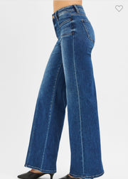Dark Mid Rise Wide Leg Jeans With Front Patch Pocket & Center Seam