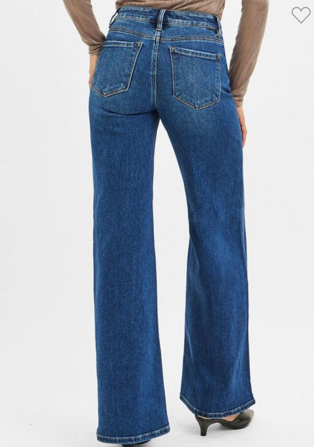 Dark Mid Rise Wide Leg Jeans With Front Patch Pocket & Center Seam