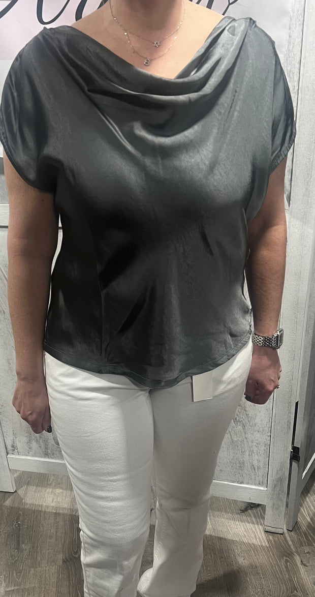 Dark Moss Satin Cowl Top