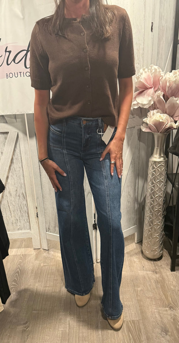 Dark Mid Rise Wide Leg Jeans With Front Patch Pocket & Center Seam